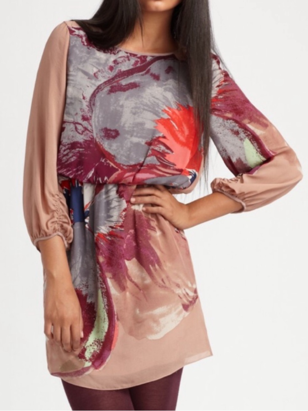 Tibi Viola silk floral 3/4 sleeve mini dress